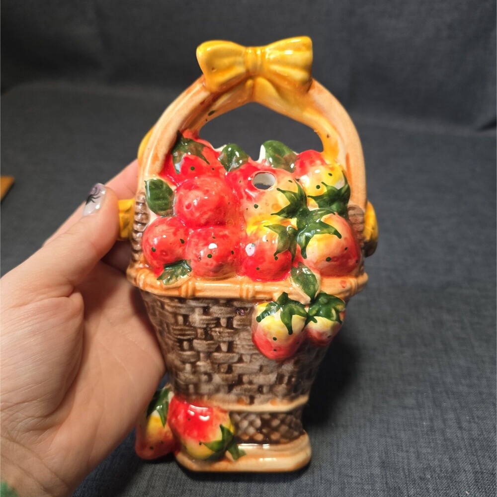 Vintage Handpainted Ceramic Strawberry Basket Wall Hanging Decor Cottagecore